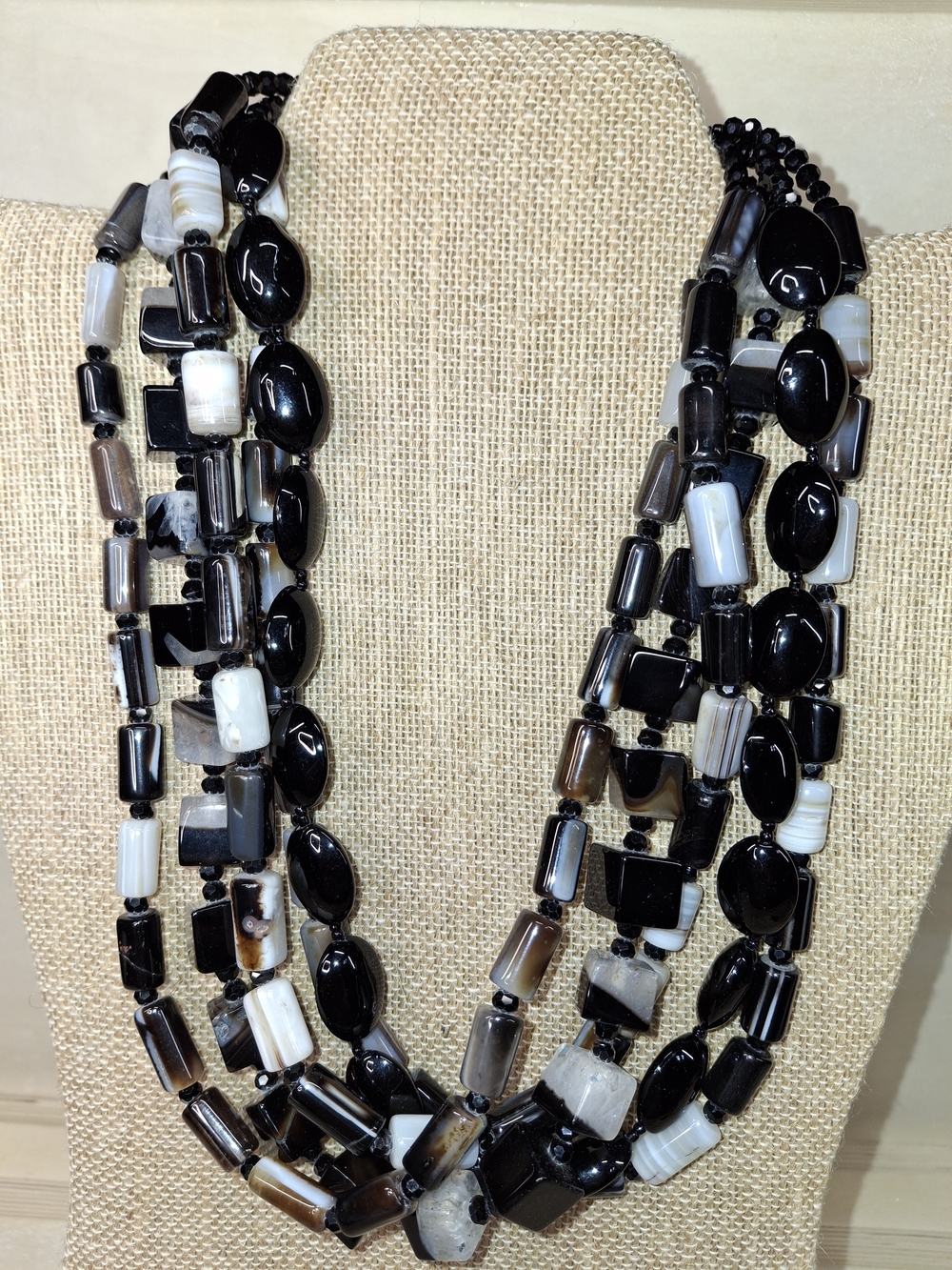 Multi-Strand Black and White Agate Bead Necklace